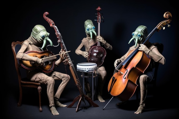 Three aliens playing musical instruments and performing in a musical trio created with generative ai