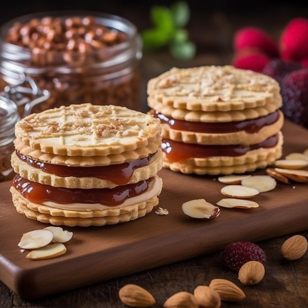 Three almond and nutella shortbread sandwiches on a wooden board