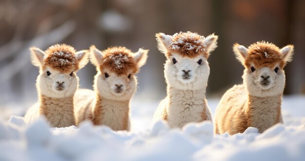 写真 3匹のアルパコが雪の中に立って頭を覆っている