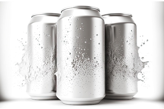 Three aluminum cans mockup splashed with water droplets on white background
