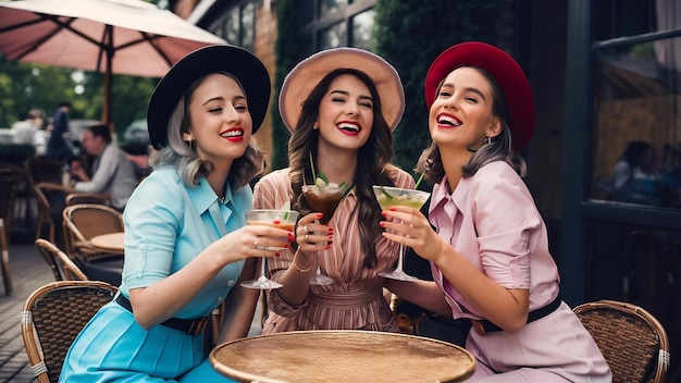 Three amazing girls in stylish vintage clothes having fun in outdoor cafe and drinking cocktails