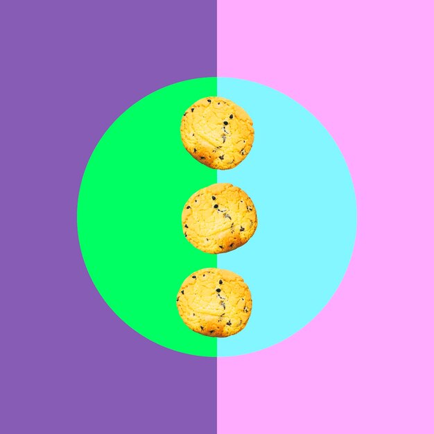 Three American chocolate chip cookies float in the air collage art