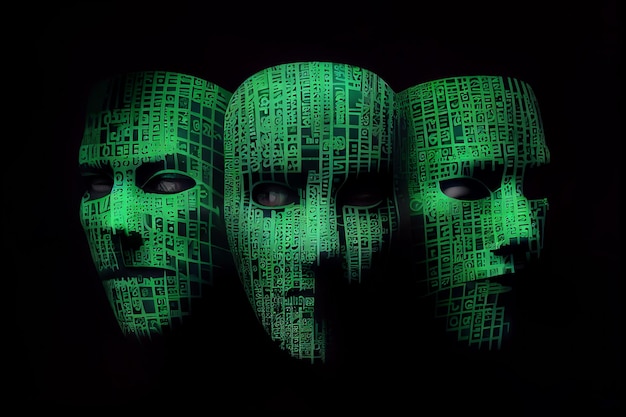 Three anonymous masks with green code symbols anonymous social masking technology and robotics conce