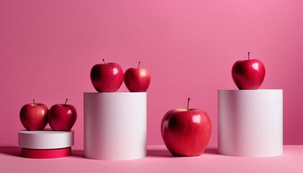 Three apples on a pink background