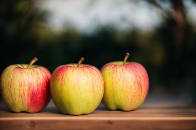 Three apples on a table with a green background