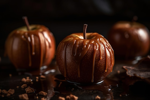 Three apples with caramel sauce on a dark background