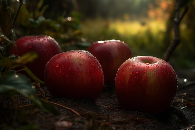 Three apples with water droplets on them sit on a ground.