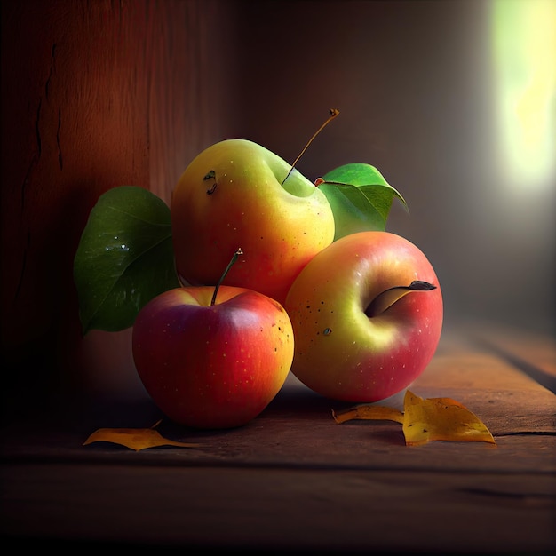 Three apples on a wooden table Generative AI