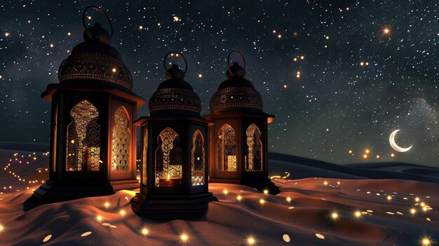 Фото Три арабских фонаря в песке с полумесяцем и мерцающими звездами