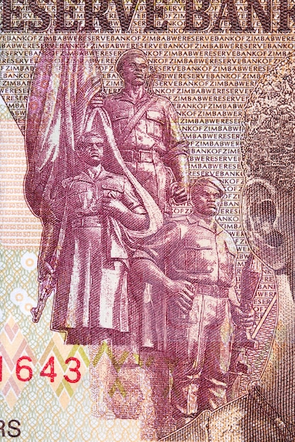 Three armed men with a banner from Zimbabwean money