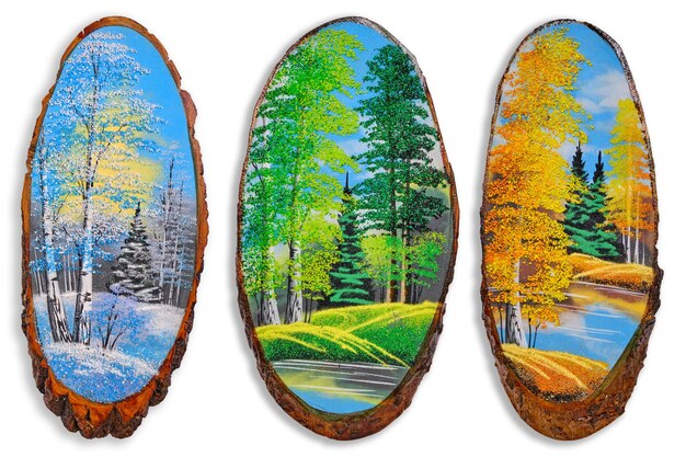 Three art paintings with three seasons winter summer and autumn white background