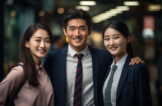 Three asian business people happily smiling together reconciliation acceptance image