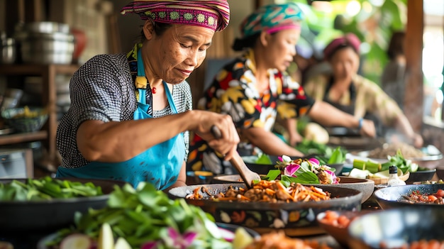 Three Asian women are busy cooking in a commercial kitchen They are all wearing traditional clothing and are using large woks to stirfry vegetables