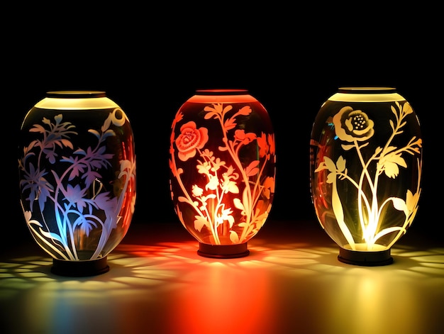 세 가지 색의 유리 꽃 프로젝션 램프