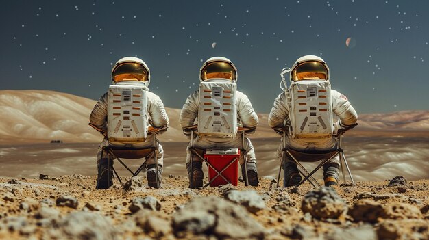 Three astronauts are sitting on a rocky surface one of them holding a cooler