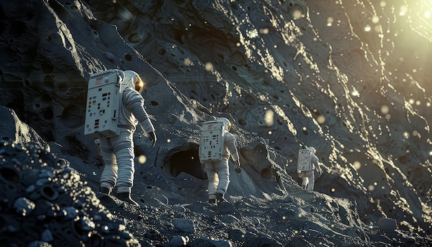 Three astronauts are walking on a rocky surface in space