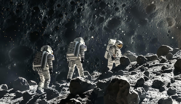 Three astronauts are walking on a rocky surface in space