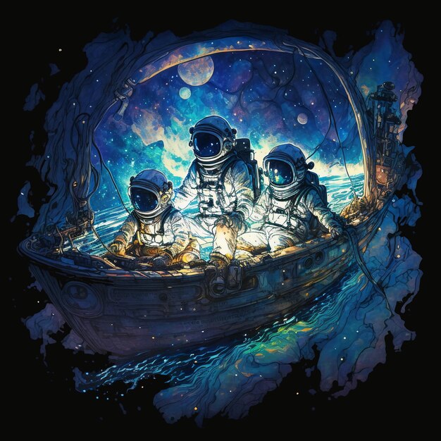 three astronauts fishing on a boat in outer space milkiway.