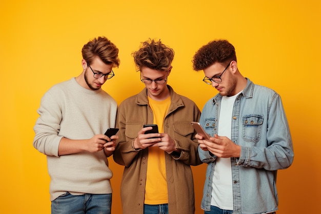 Photo three attractive young men looking at smartphones on a yellow background