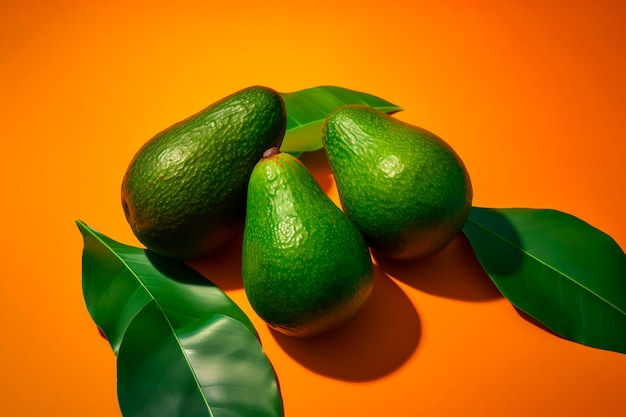 Three avocados on a yellow background