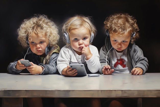 Photo three babies sitting in front of a table interact with technology as if they were adults