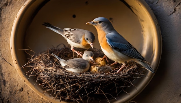 Photo three baby birds are in a nest with baby birds