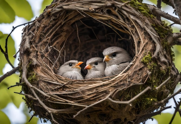 Photo three baby birds are in a nest with the baby birds