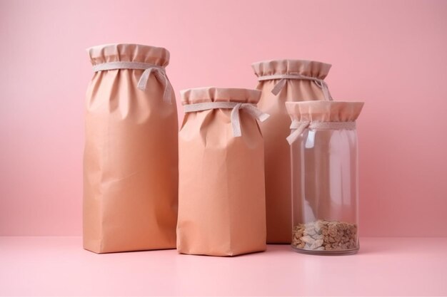 Three bags of granola on a pink background