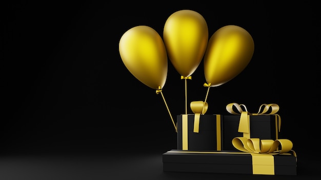 Three balls and black gift boxes 3d render