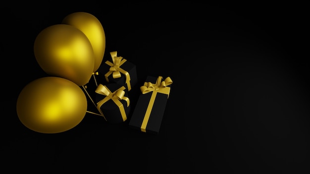 Three balls and black gift boxes top view 3d render