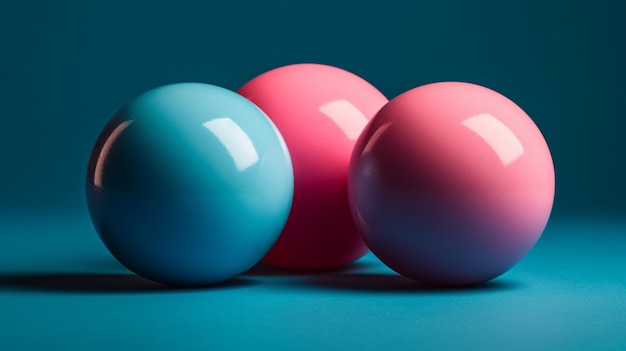 Three balls on a blue table with the word pool on the bottom.