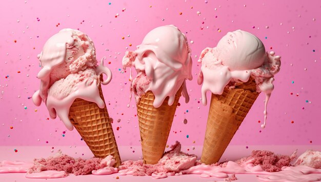 Three balls of delicious strawberry ice cream in wafer cone pink milk splash generative ai