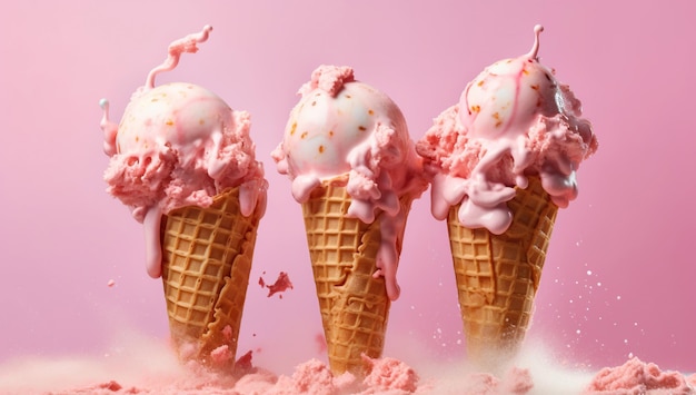 Three balls of delicious strawberry ice cream in wafer cone pink milk splash generative ai