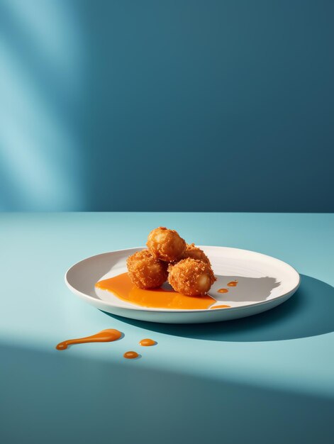 Three balls of food on a plate with a red sauce on the table