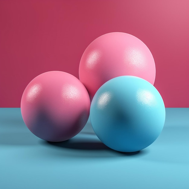 핑크와 블루의 공이 3개 쌓여 있습니다.