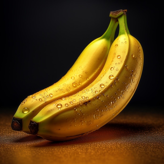 Three bananas with water drops on them, one of which is yellow.