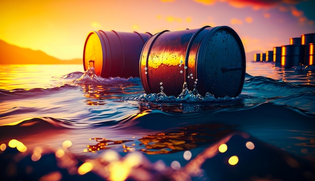 Foto tre barili che galleggiano nell'oceano al tramonto