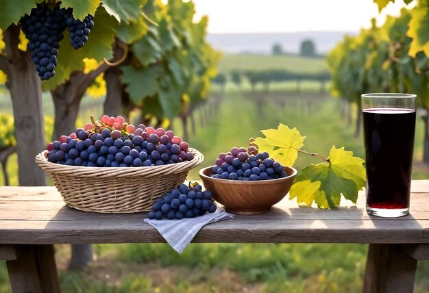 three baskets of grapes are on a wooden shelf with a bunch of grapes