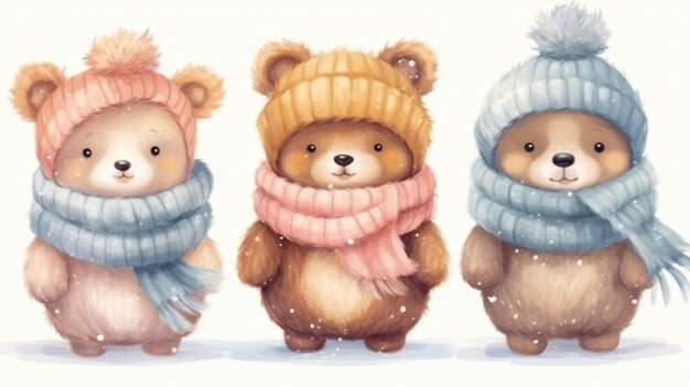 Three bears wearing hats and scarves in a row