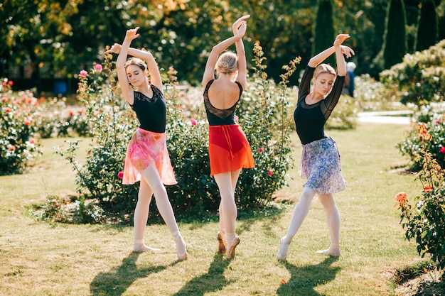 Three beautiful ballerinas  dancing and balancing over sun light in summer park