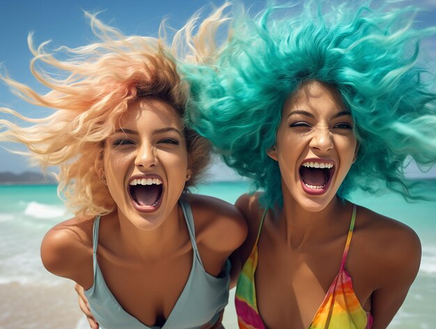 Foto tre belle donne bionde che si divertono su una spiaggia di sabbia con il mare con diverse acconciature