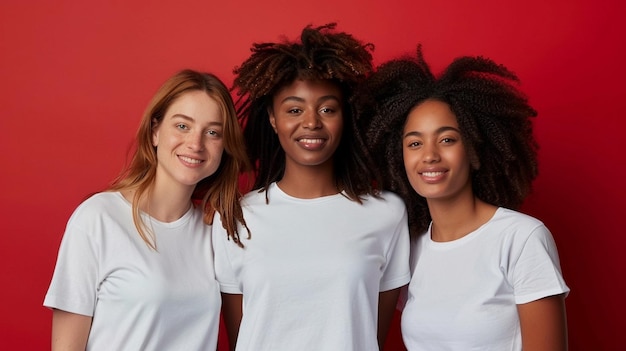 Three beautiful cheerful smiling girls in white Tshirts stand against the background of a red wall