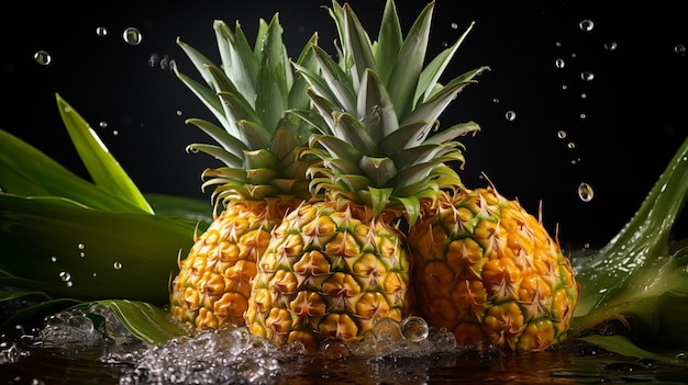 Three beautiful fresh pineapple fall in water with splashes black background