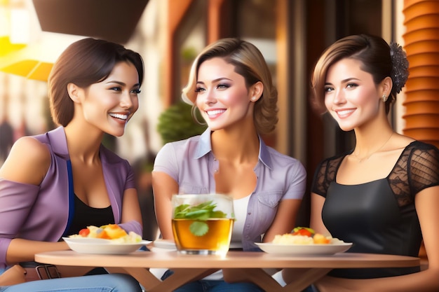 Three beautiful girlfriends eating at a sidewalk restaurant on a sunny day_3 Generative AI