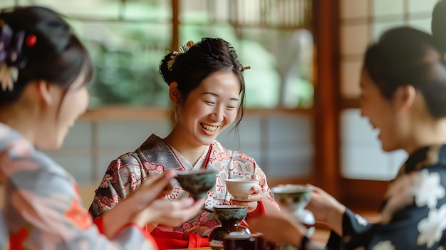 Photo three beautiful japanese women wearing traditional kimonos are sitting in a traditional japanese tea room drinking tea and talking