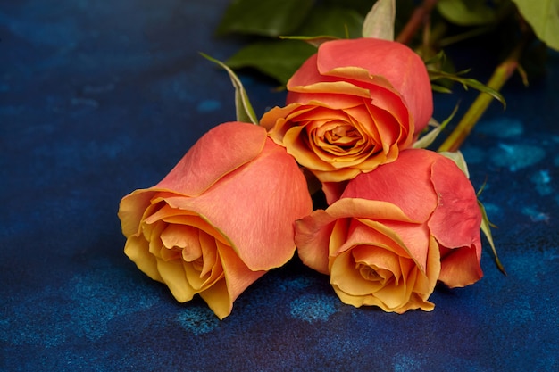 水色の壁に3つの美しいオレンジ色のバラ