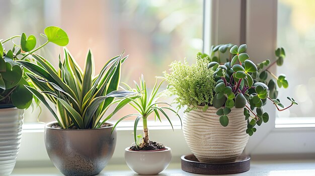 写真 大きな窓の前にある白い棚に3つの美しい鉢の植物が座っています