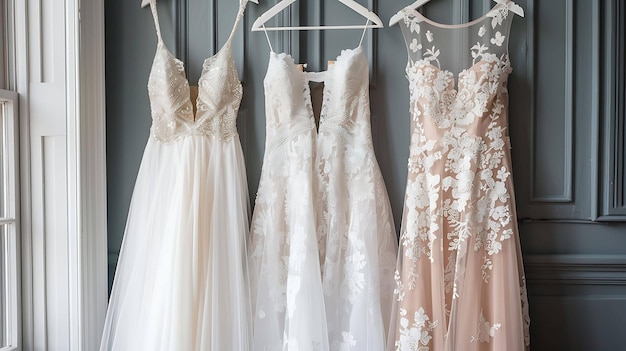 Three beautiful wedding dresses hang on a wooden door The dresses are all different styles but they are all equally stunning