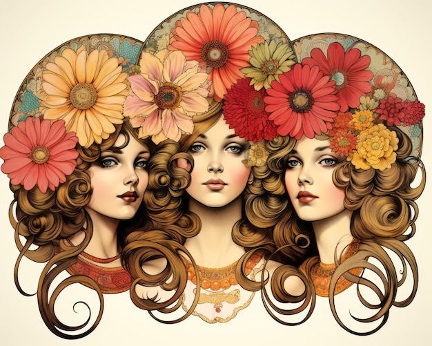 three beautiful women with flowers on their heads