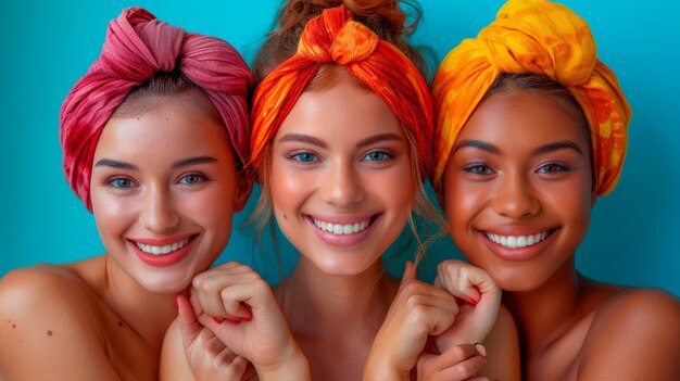 Foto tre belle giovani donne con i capelli colorati che indossano turbanti ai generativa